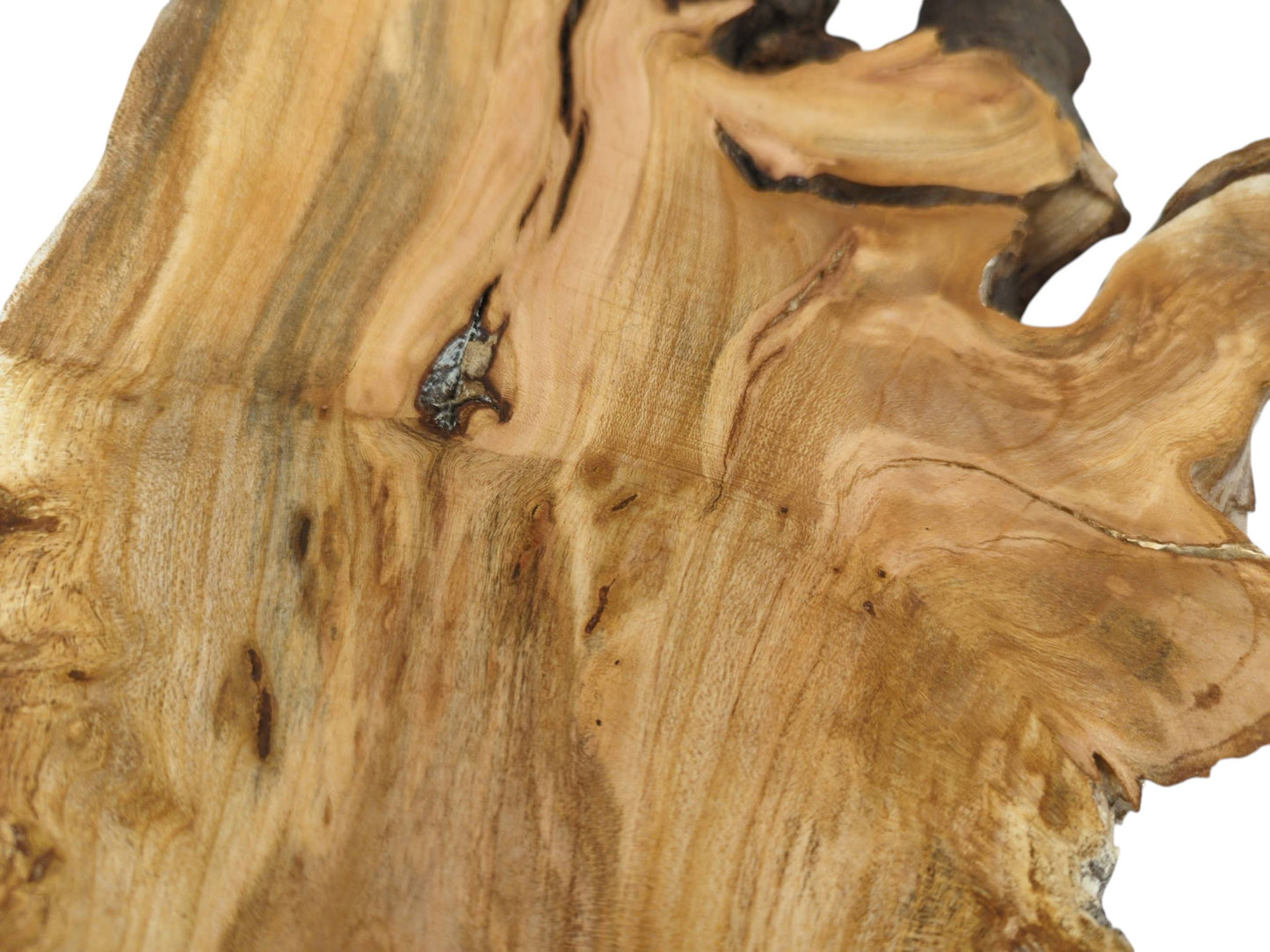 Overhead view of the slab's warm-toned surface with darker streaks and a single prominent wood knot.