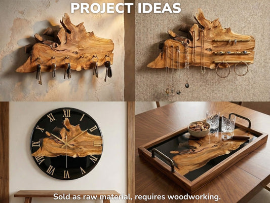 Collage with text showing project ideas for live edge wood: a key rack, jewelry holder, clock, and tray.