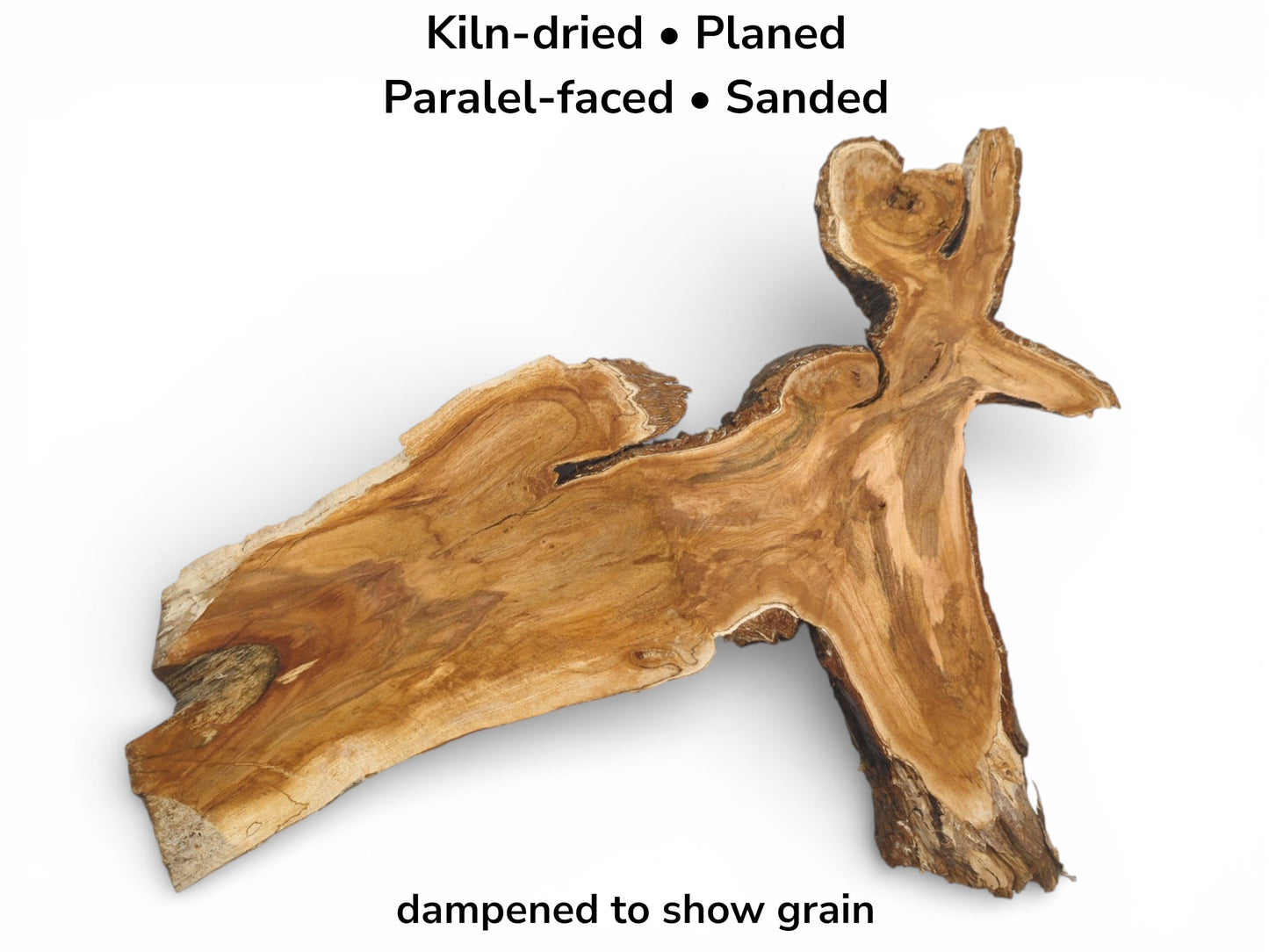 An image of an irregular wood slab with text detailing its kiln-dried and sanded preparation.