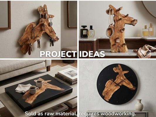 Collage showcasing project ideas for a wood slab: a key holder, jewelry stand, tray, and clock.
