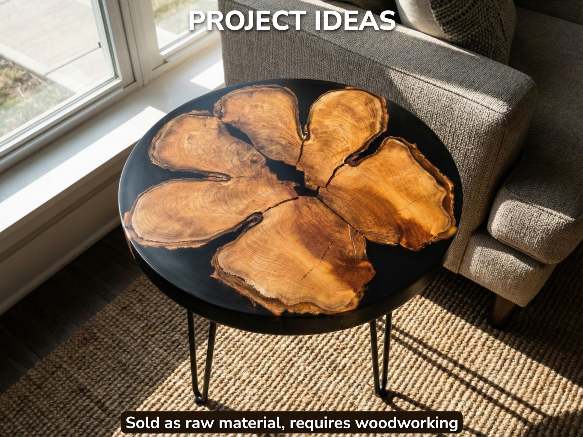 Six golden timber fragments with dark, textured bark are suspended in a black resin tabletop.