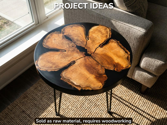 Six golden timber fragments with dark, textured bark are suspended in a black resin tabletop.