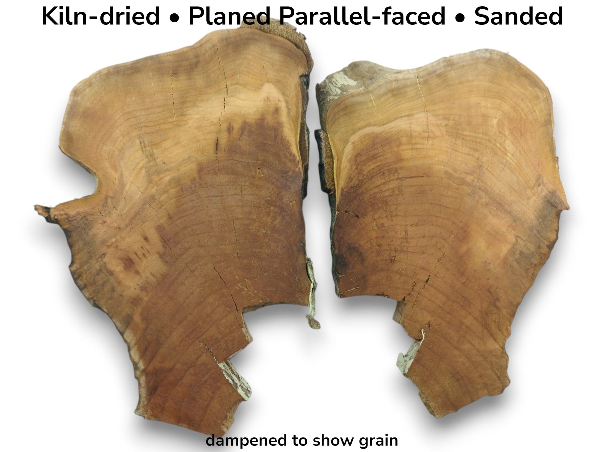 Two kiln-dried, planed, and sanded cherry wood slices with visible grain and cracks.