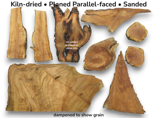 Nine varied cherry wood pieces, some planed and sanded, with live edges and visible grain.