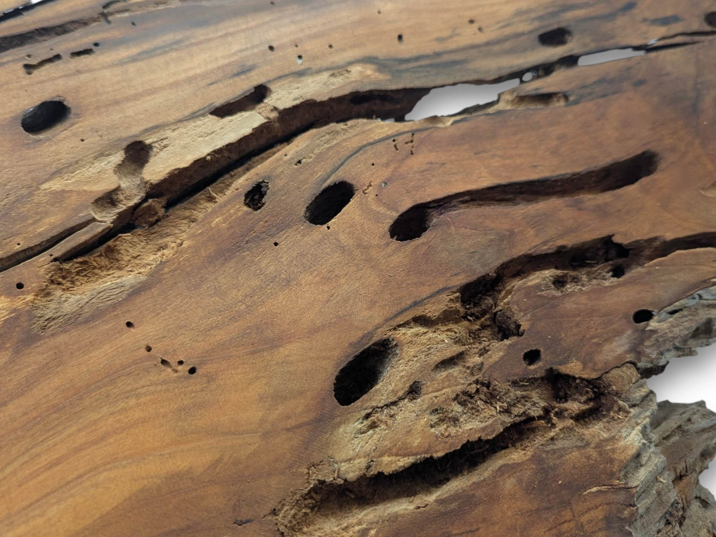 A close-up of a cherry wood slab with deep grooves, holes, and a rough texture.
