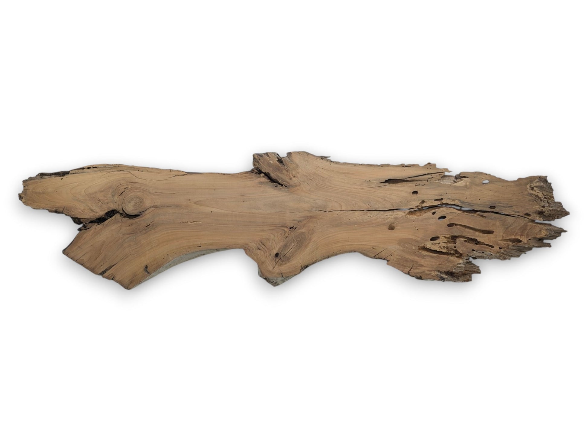 A light brown cherry wood slab with a live edge, cracks, and many holes.