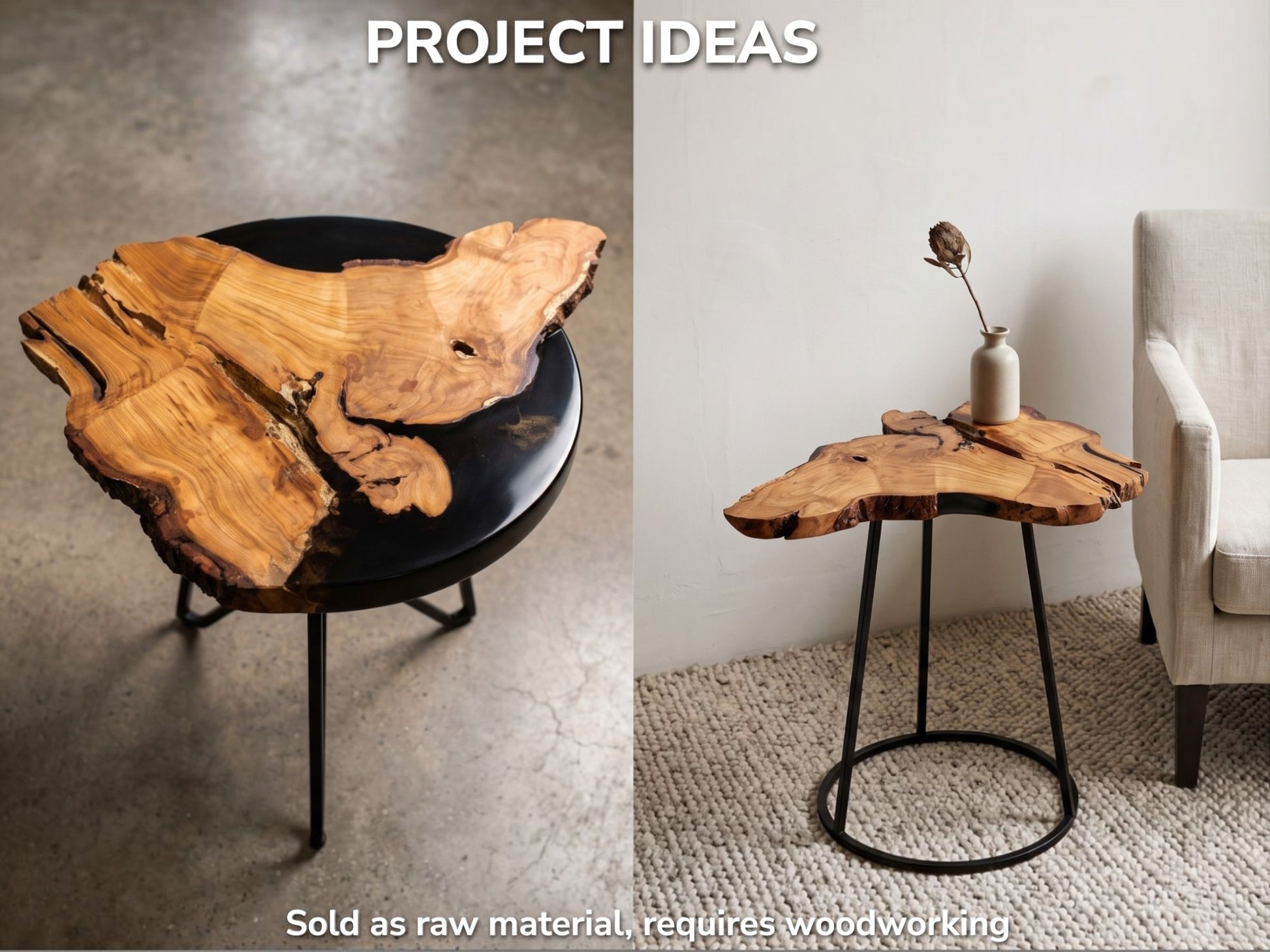 Two side tables with live edge cherry wood tops, one with black epoxy resin.