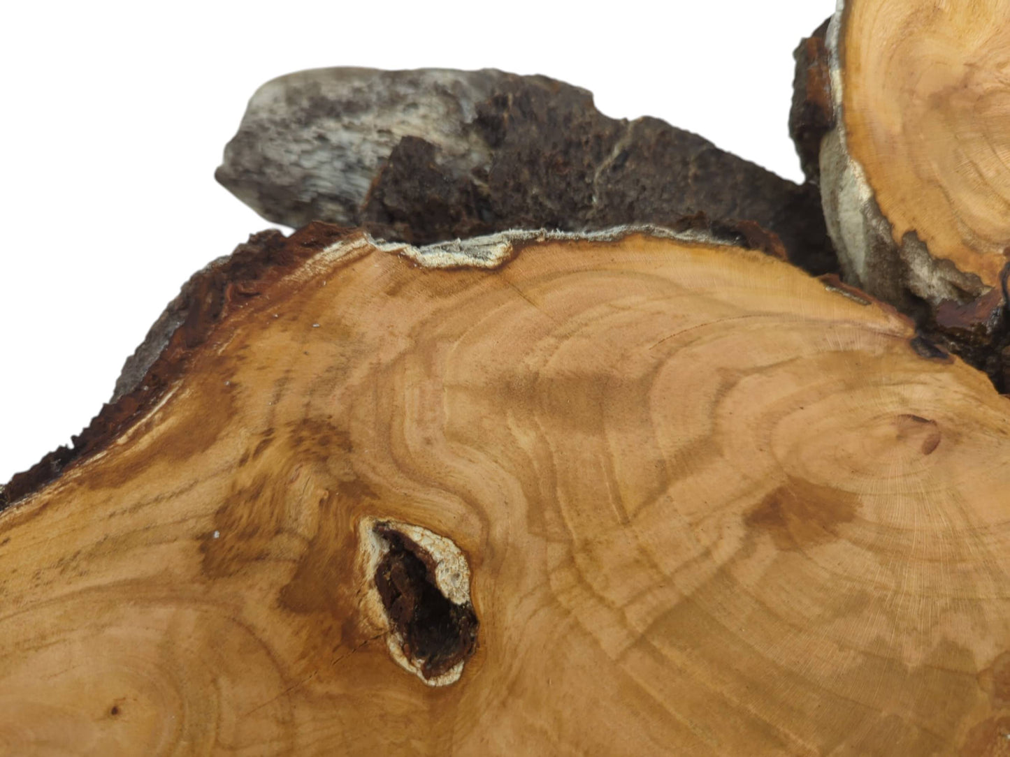 Close-up of a wild cherry wood slab with a knot and visible growth rings.