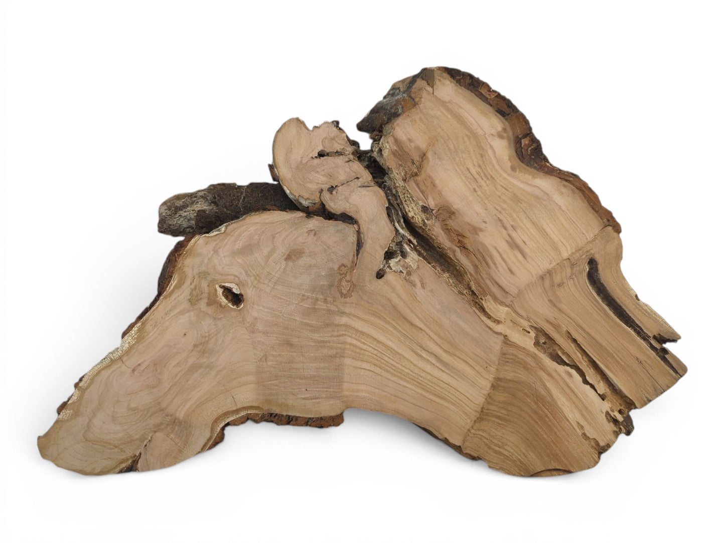 A light brown wild cherry wood slab with a live edge, visible growth rings, and bark.