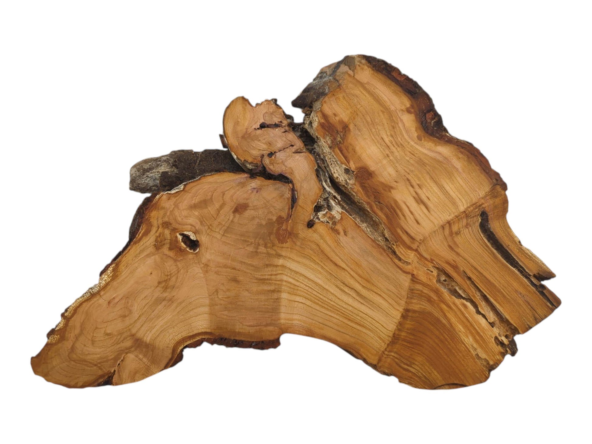 A light brown wild cherry wood slab with a live edge and visible growth rings.