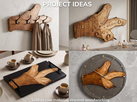 Four project ideas using a wild cherry wood slice: a coat rack, jewelry holder, tray, and clock.