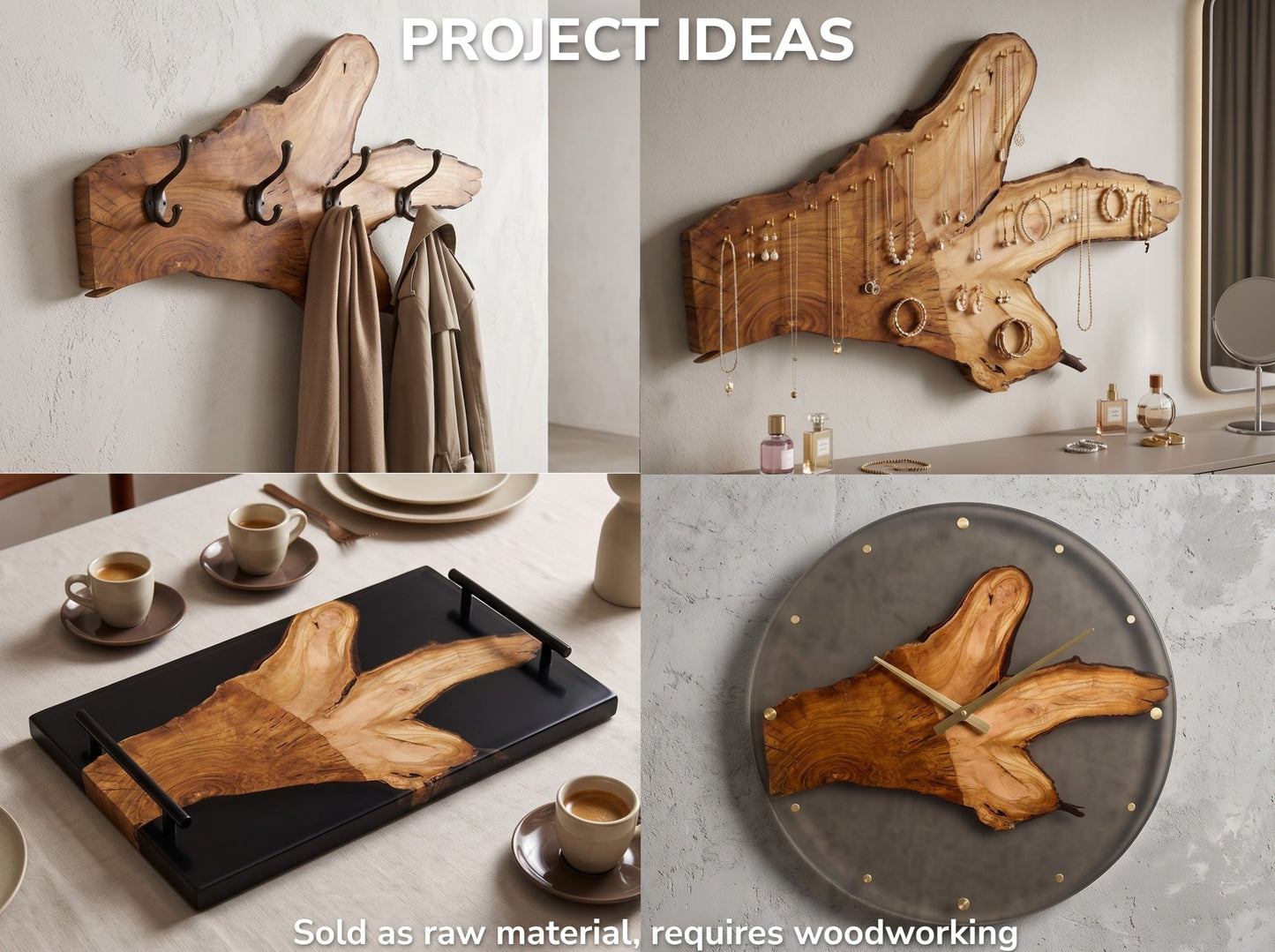 Four project ideas using a wild cherry wood slice: a coat rack, jewelry holder, tray, and clock.