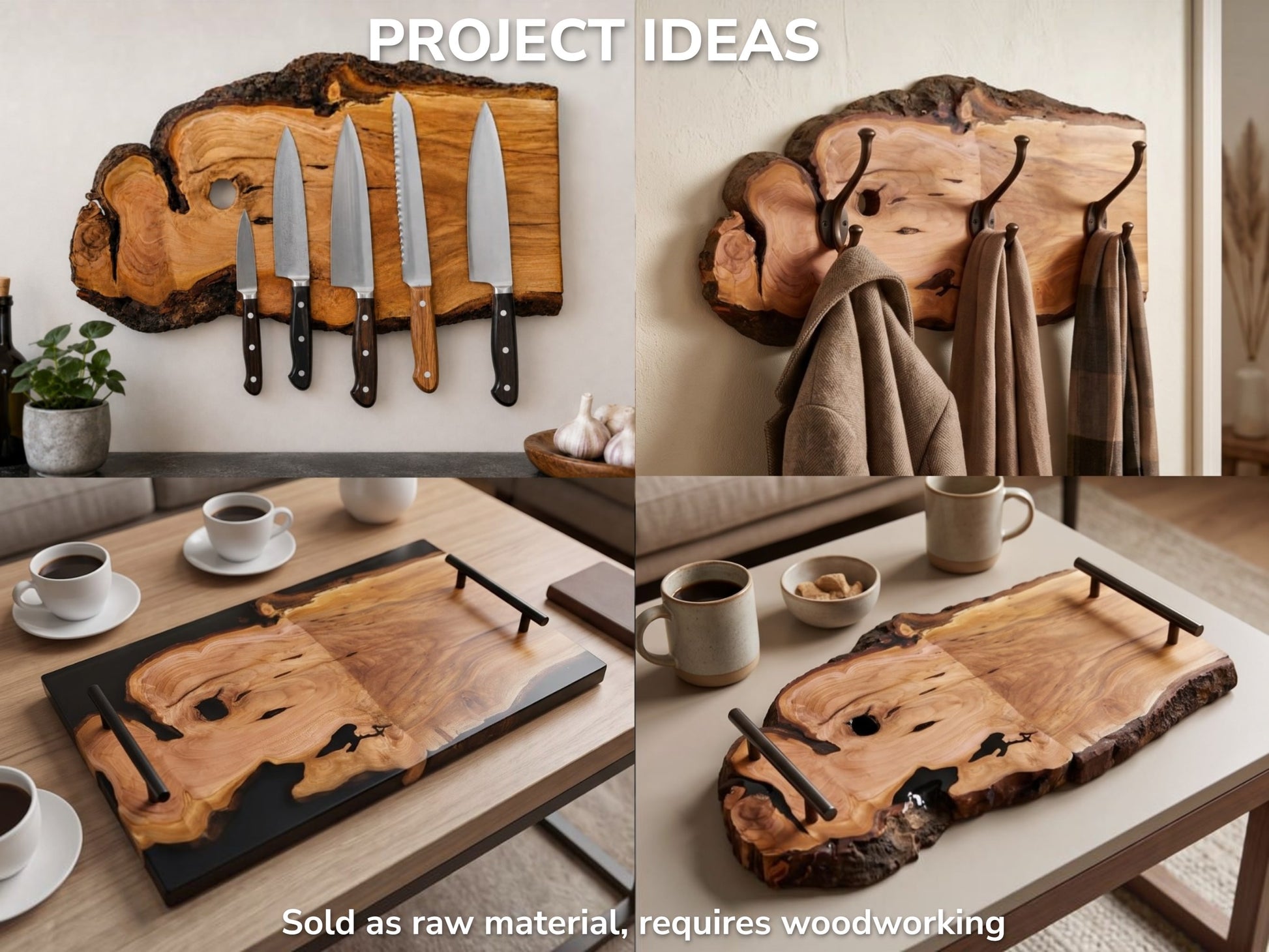 Four images show cherry wood slabs crafted into a knife rack, coat rack, and serving trays.