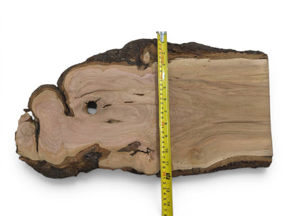 A wild cherry wood slab with a live edge and a yellow measuring tape.