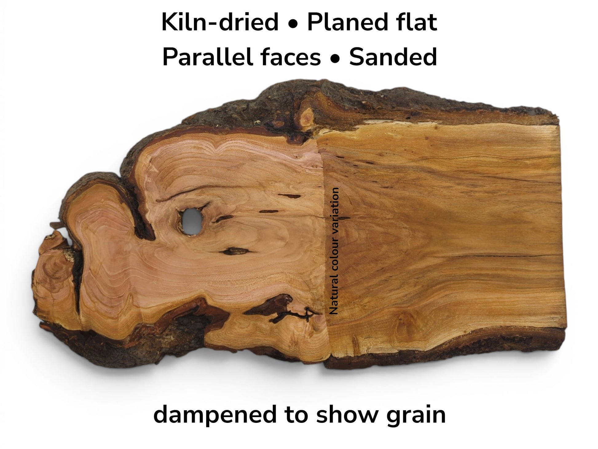 A live edge cherry wood slab, planed flat, sanded, with natural color variation and grain.