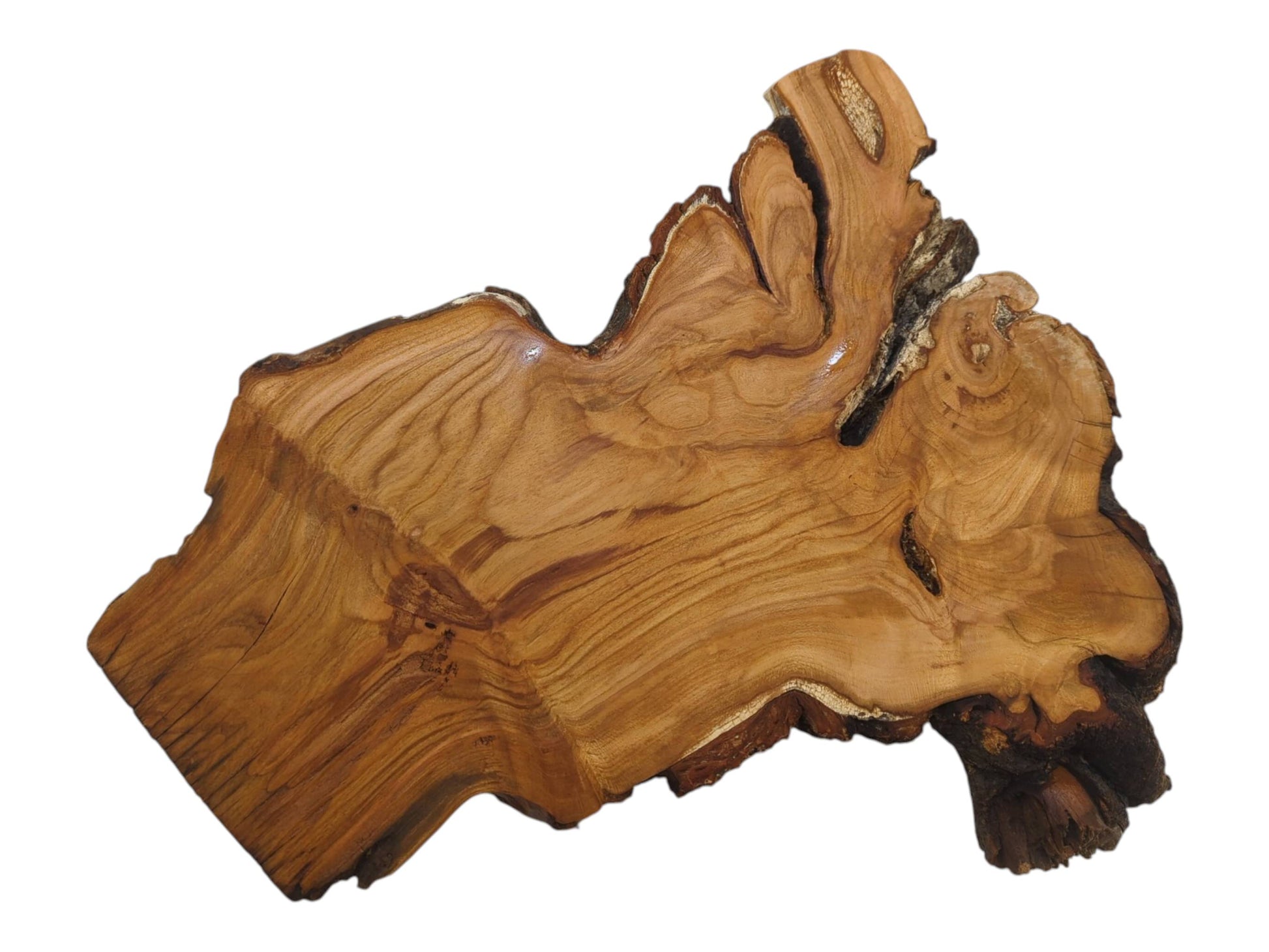 A polished, irregularly shaped wild cherry wood slab with natural bark edges on a white background.