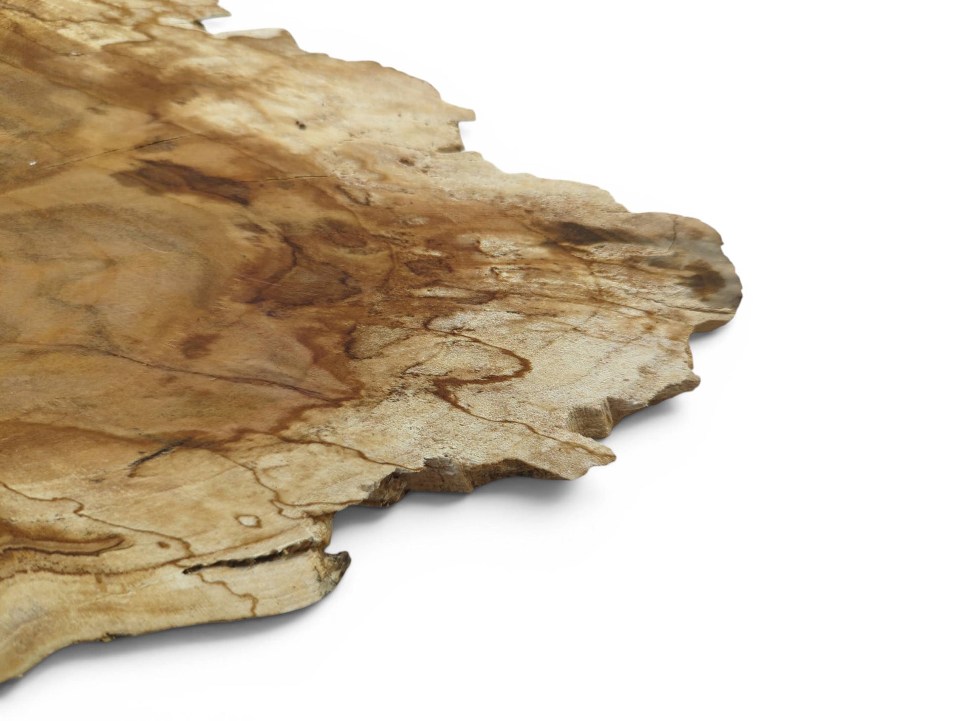 A close-up, high-angle shot of a light brown, irregularly shaped wood slab with a live edge.