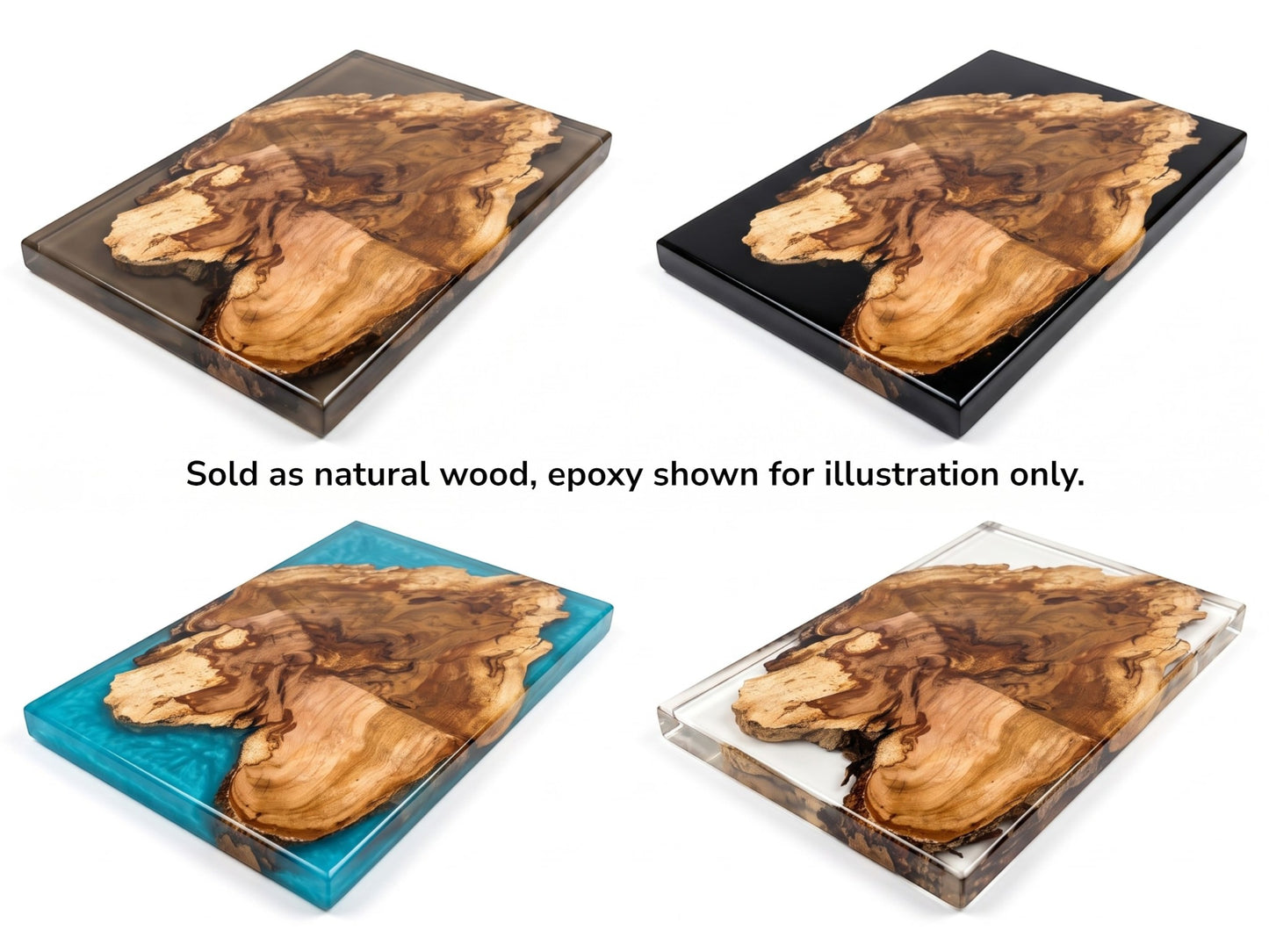 Four wild cherry wood slabs with live edges, each encased in different colored epoxy resin.