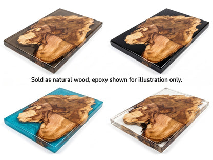 Four wild cherry wood slabs with live edges, each encased in different colored epoxy resin.