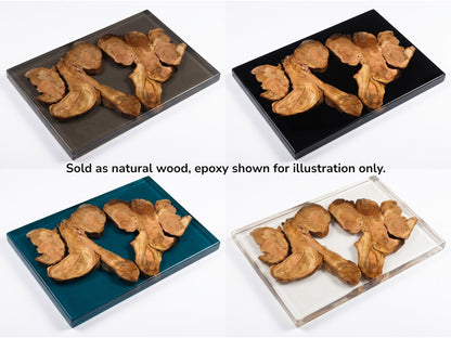 Four arrangements of natural wild cherry wood pieces on different colored epoxy resin slabs.