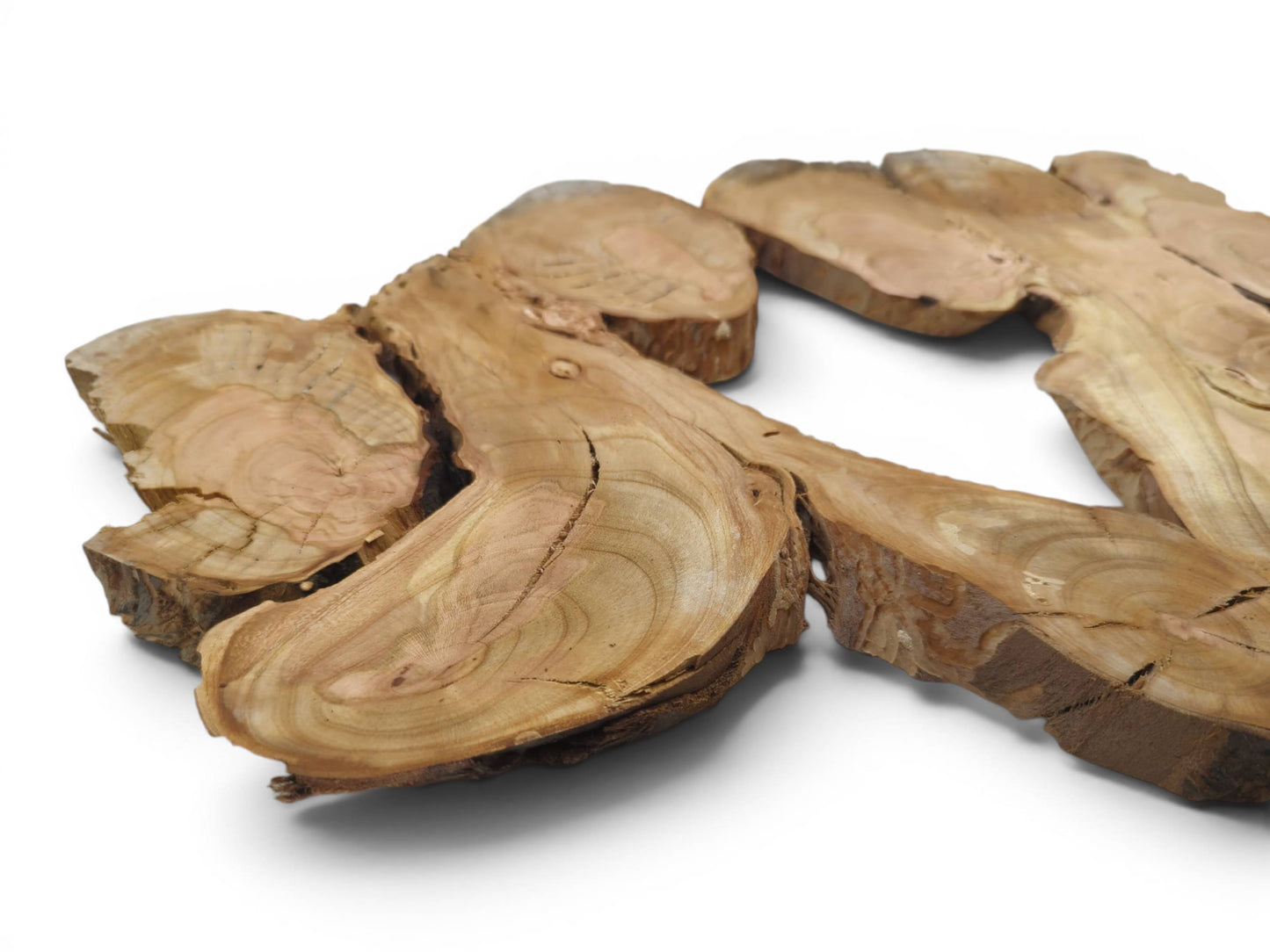 Close-up, low-angle view of several raw wild cherry wood slices with natural cracks and bark.