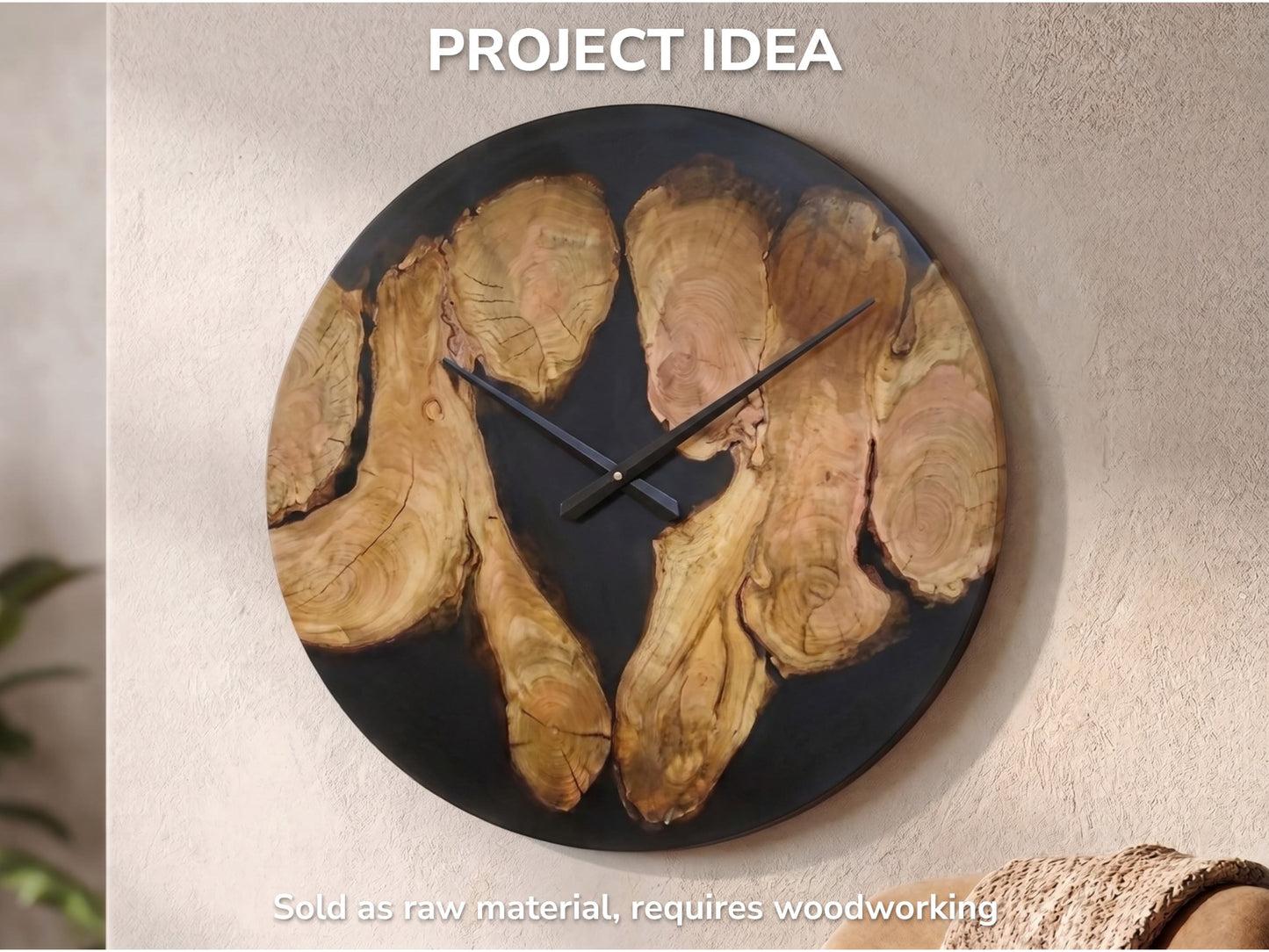 A large round clock made from wild cherry wood slices and black epoxy resin, hanging on a wall.