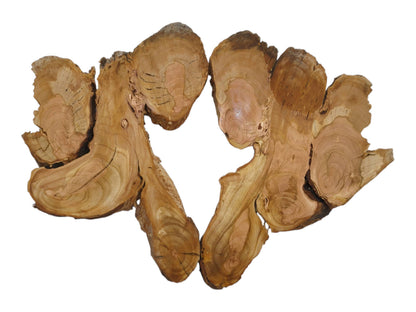 Two irregularly shaped wild cherry wood slices with visible growth rings and natural edges.