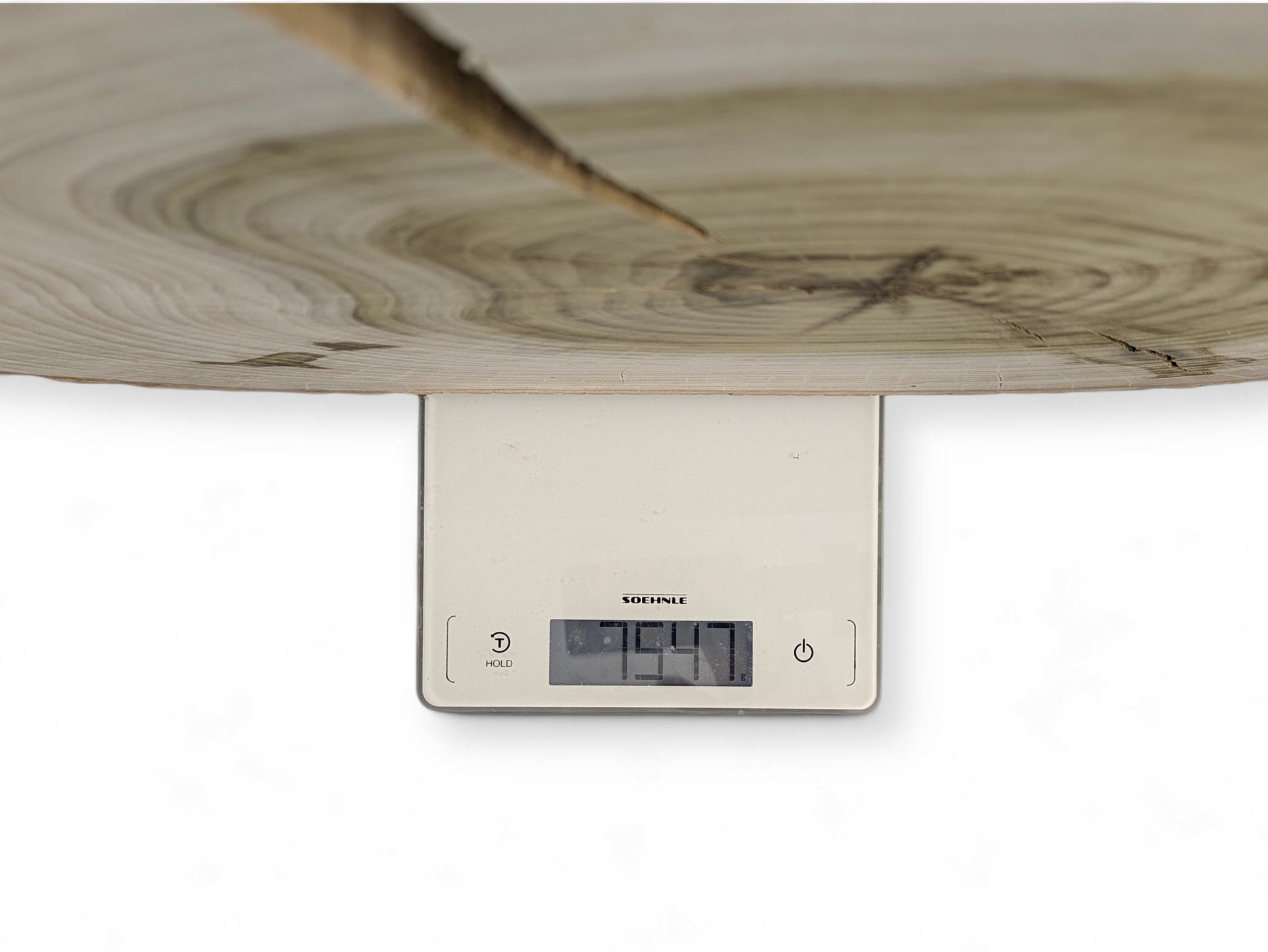 Light-toned wood round with visible growth rings and a crack sitting on a white digital scale.