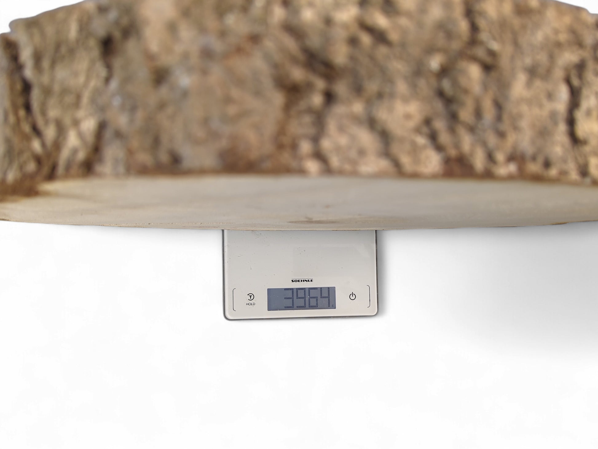 Underside of a natural wood slab with bark resting on a white digital scale showing "3964".