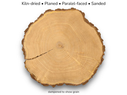 Wood round with bark, visible annual rings, and a central crack, shown with descriptive text.