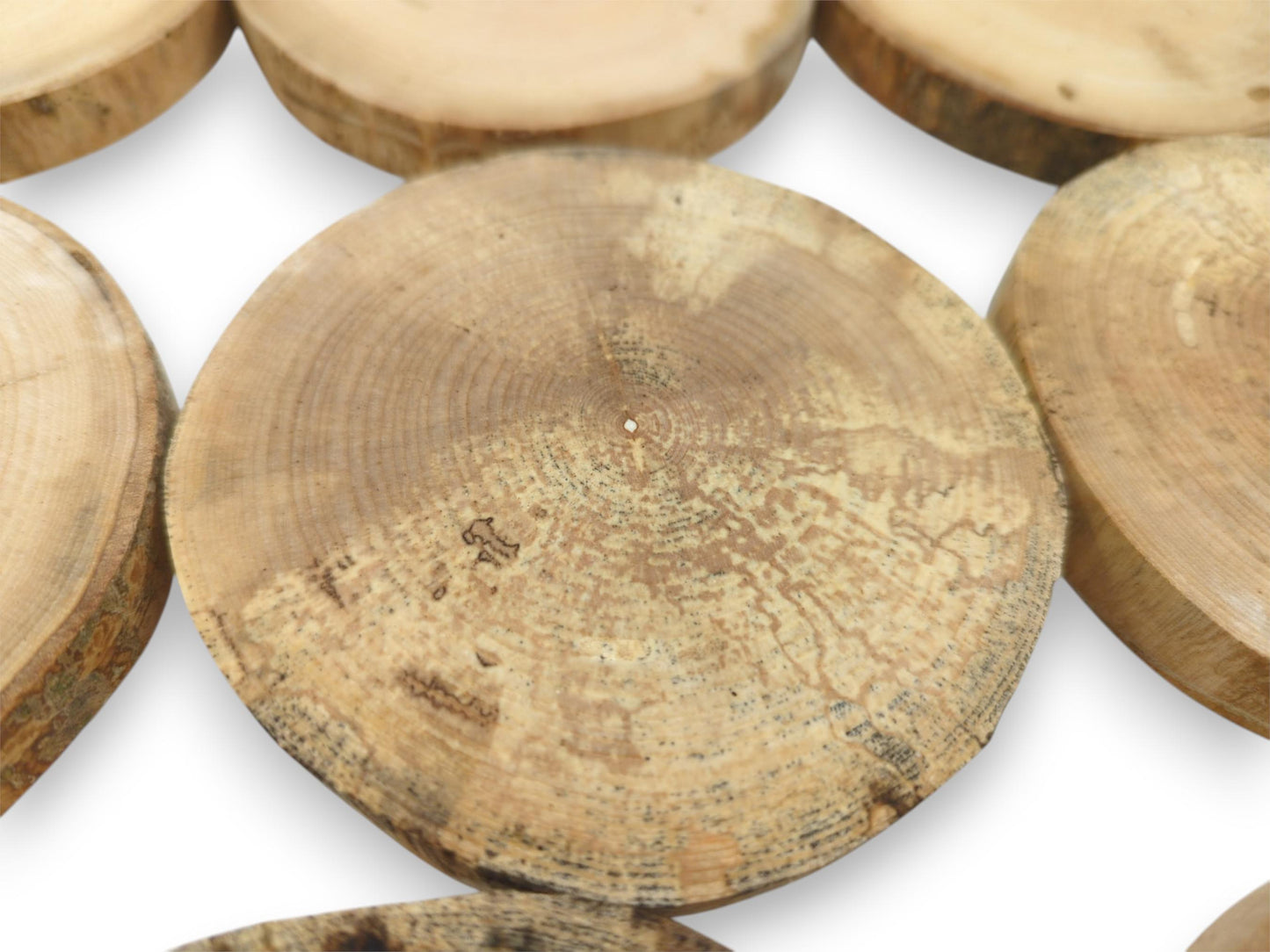 A central wooden disc displays a mottled grain and a small pith hole among others.