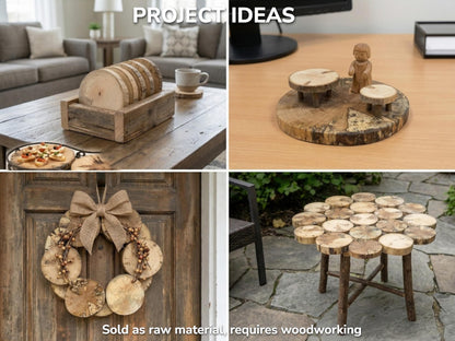 A four-panel collage shows wood rounds crafted into coasters, a wreath, and small furniture.