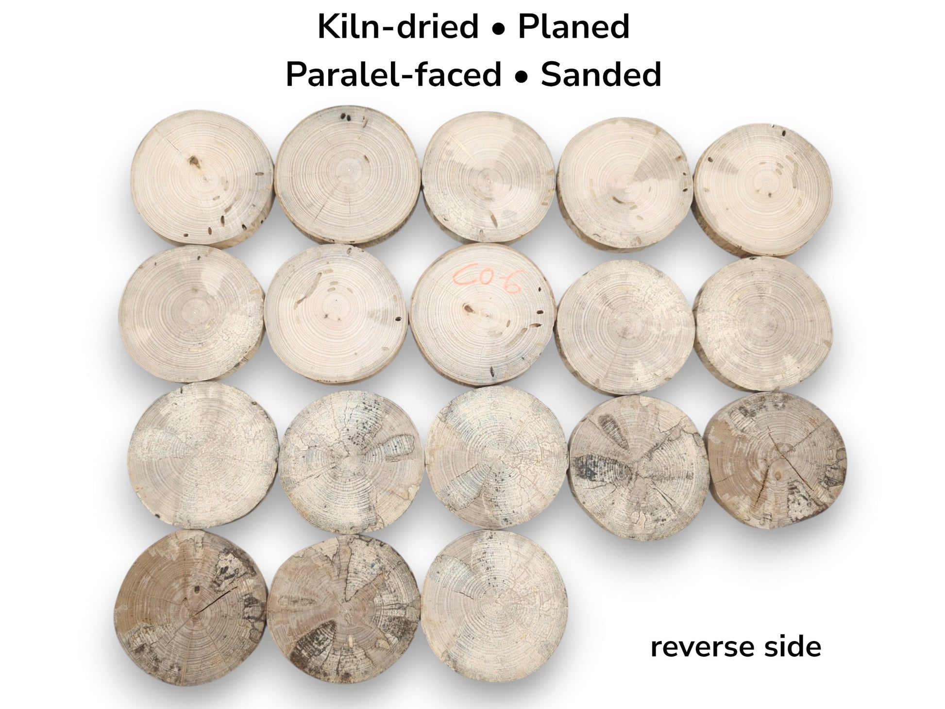 An overhead array of eighteen timber discs, with lower rows revealing complex, dark figuring.