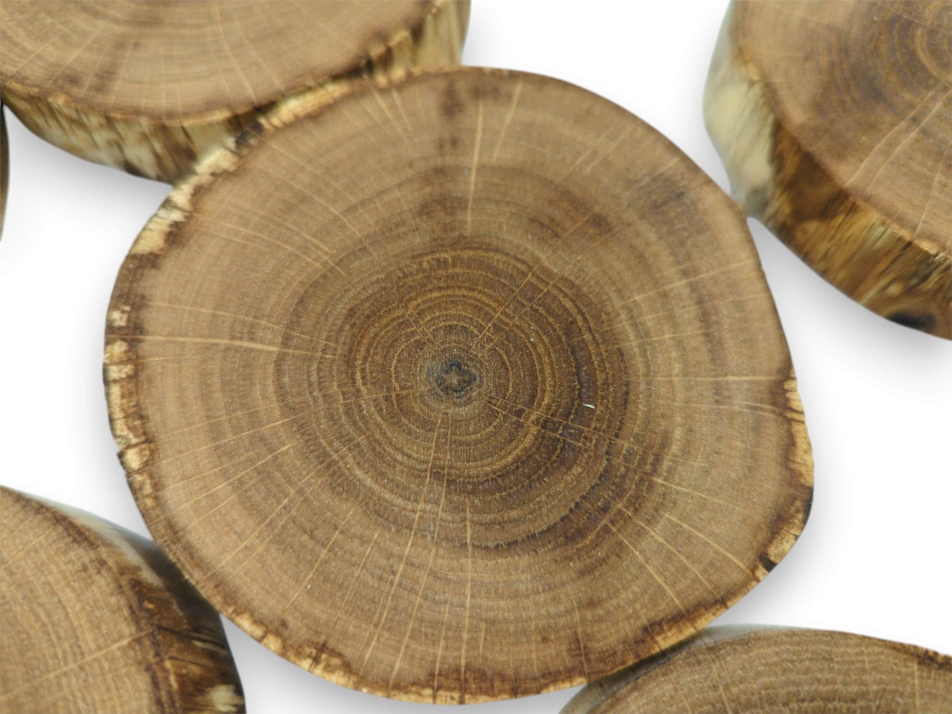 An overhead shot of a central oak cookie reveals a dark core and radiating lines.