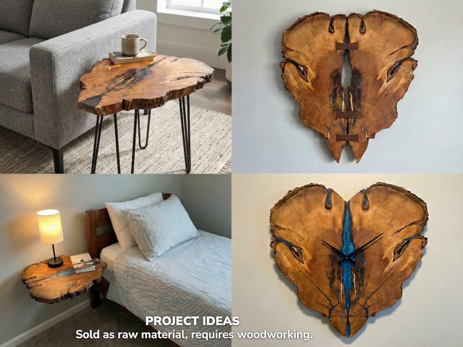 Collage displaying woodworking project ideas: a table, floating nightstand, and two bookmatched wood wall art pieces.