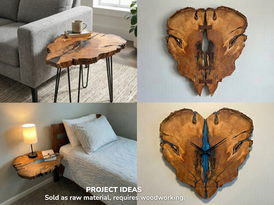 Collage displaying woodworking project ideas: a table, floating nightstand, and two bookmatched wood wall art pieces.