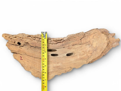 Rough, light brown wood piece, featuring deep cracks, three holes, a red 'L' mark, and tape measure.