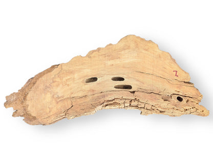 Light brown, untreated wood blank with an irregular shape, visible cracks, multiple holes, and a red number 7.