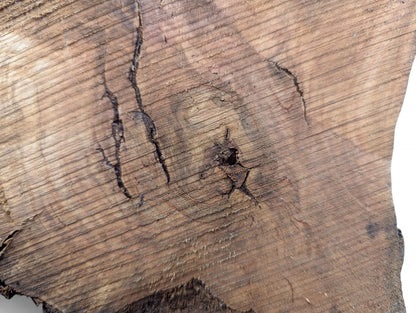 Detailed view of an untreated, irregular wood blank with light brown grain, dark fissures, and rough texture.