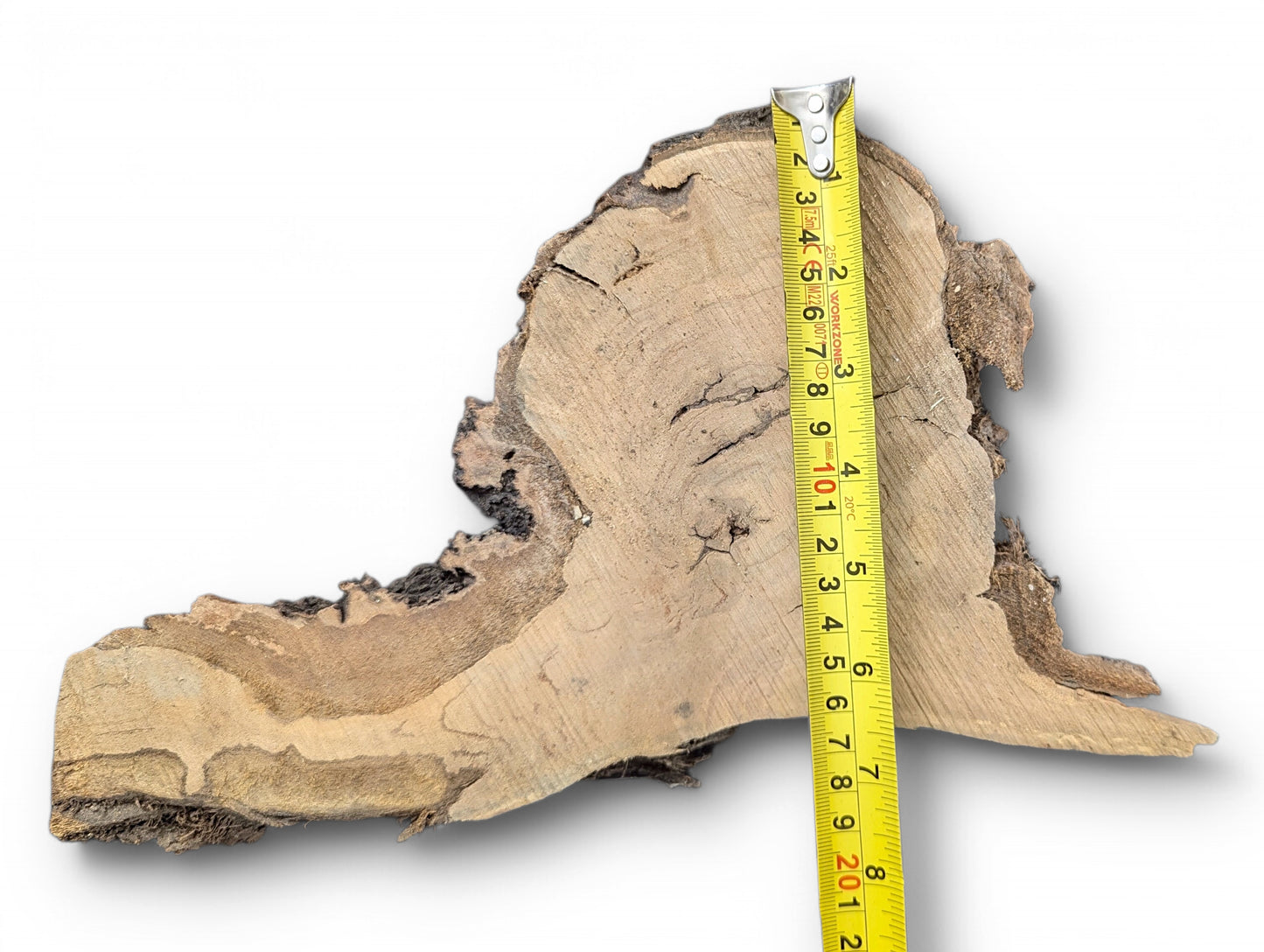 Rough, irregular wood blank displaying light brown grain and dark bark, measured with a yellow tape.