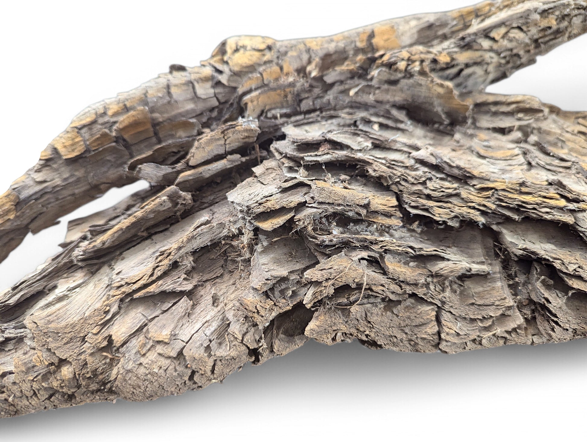 Rough, layered grey-brown wood with a scaly, flaky texture and hints of golden-brown underneath.