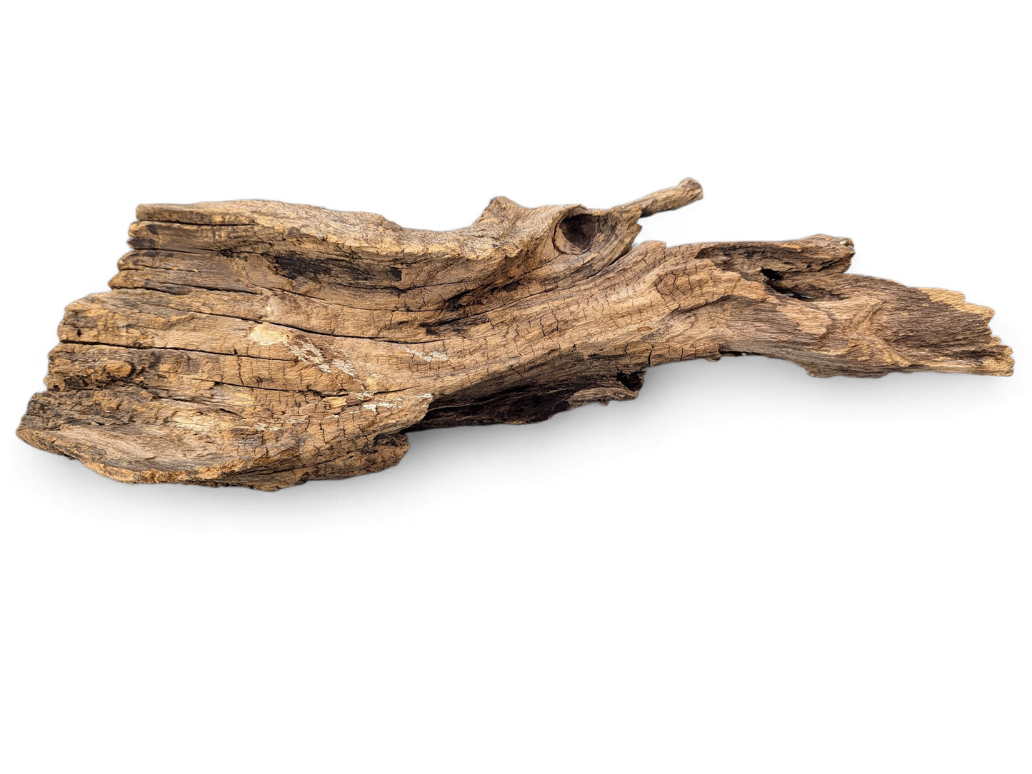 An irregularly shaped piece of natural, weathered brown driftwood with rough, cracked texture on a white background.