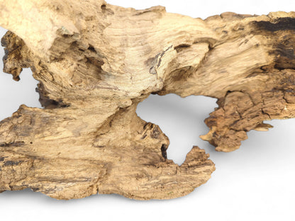 Irregularly shaped, light brown driftwood piece with a deeply weathered, textured surface and prominent organic curves.