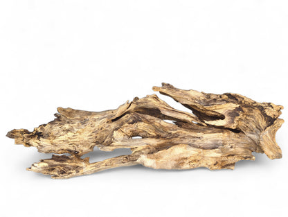 An elongated piece of gnarled, weathered driftwood with varied light and dark brown textures.