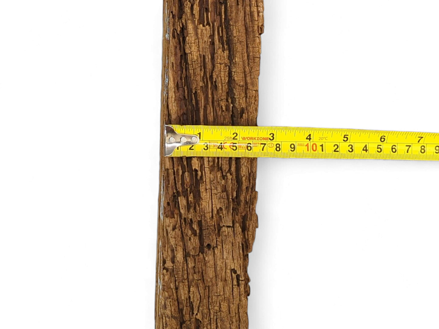 Rough, dark brown wood fragment showing a deeply textured, crumbly, flaking surface, measured by a yellow tape.