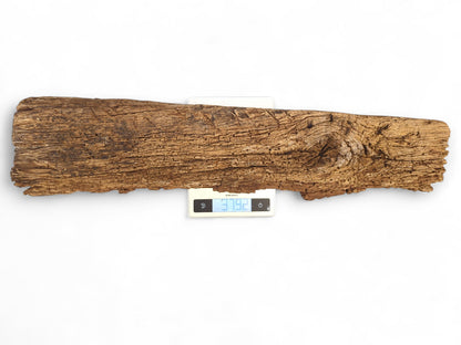 Long, irregular brown wood fragment with rough, flaking surface and visible knot on digital scale.