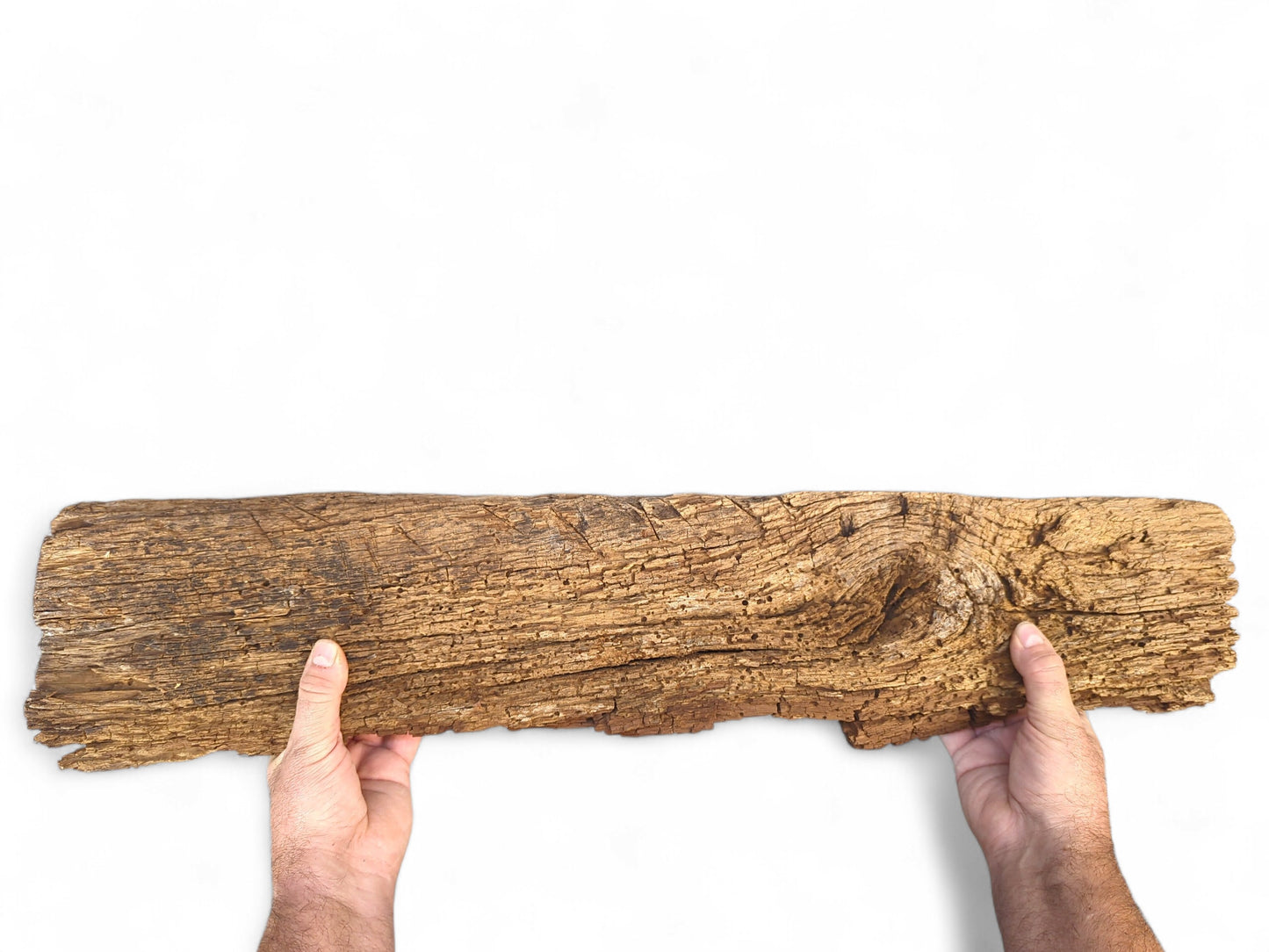 Weathered brown reclaimed wood beam fragment, flaking and crumbly, held by two hands on a white background.