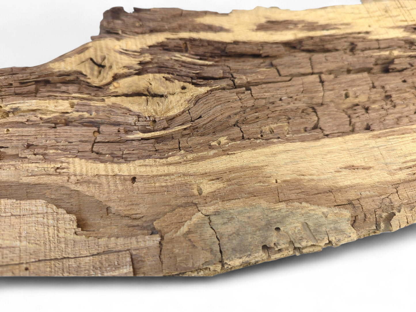 Untreated reclaimed wood fragment showing light and dark brown grain, deep cracks, and a fragile, flaking surface.