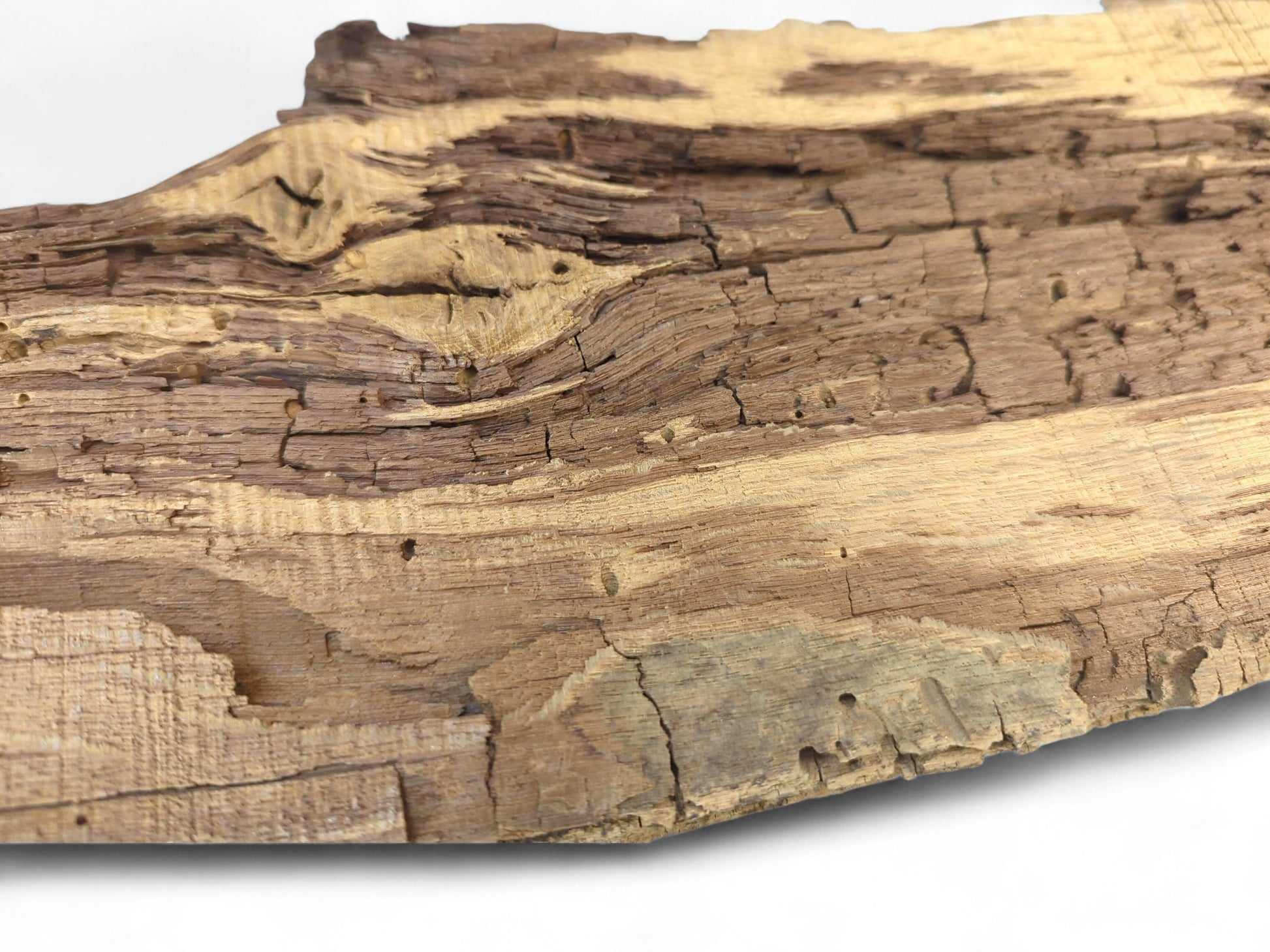 Untreated reclaimed wood fragment showing light and dark brown grain, deep cracks, and a fragile, flaking surface.