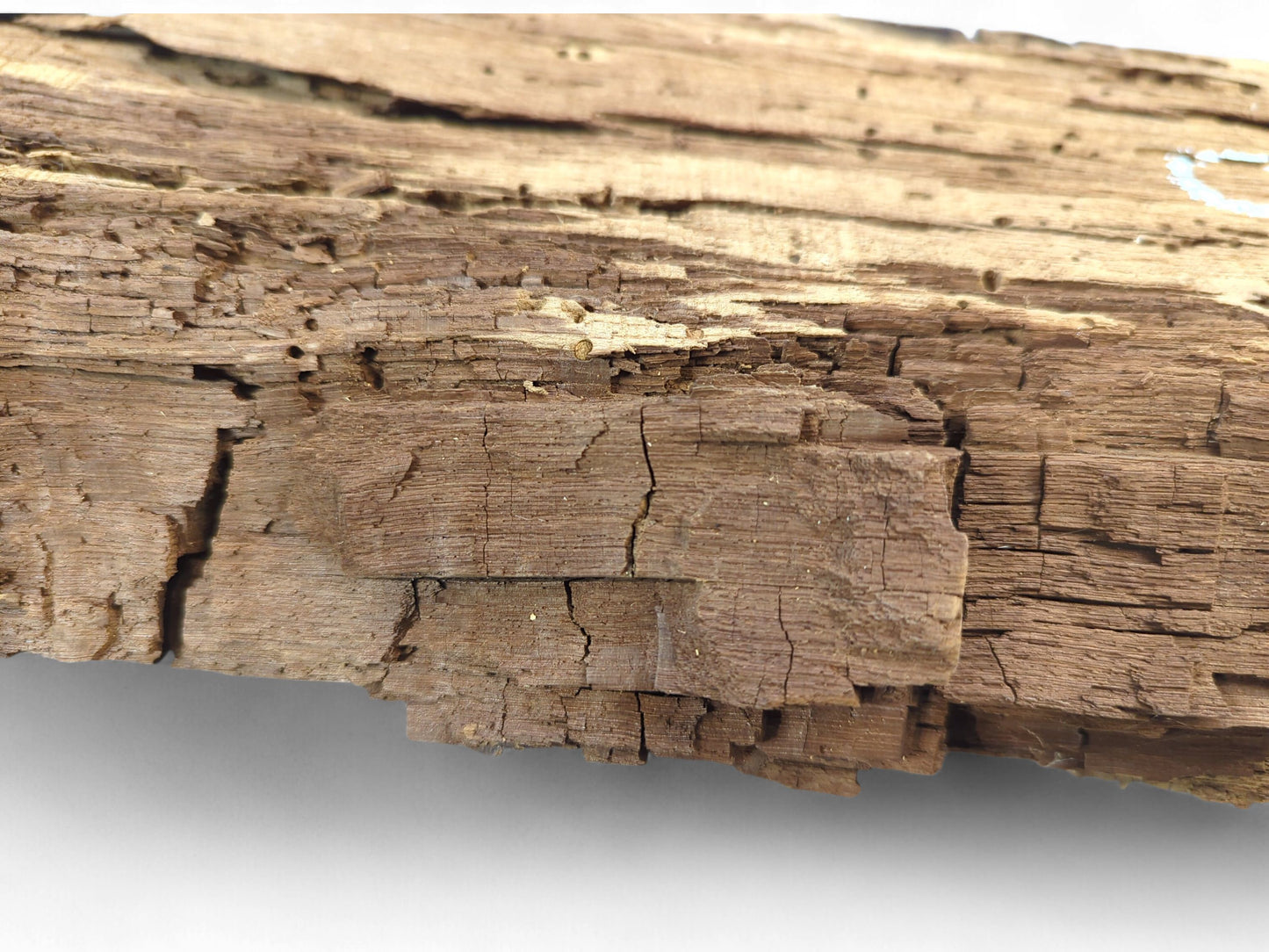 Brown reclaimed wood fragment showing deep cracks, a severely flaking, crumbly surface, and small holes.